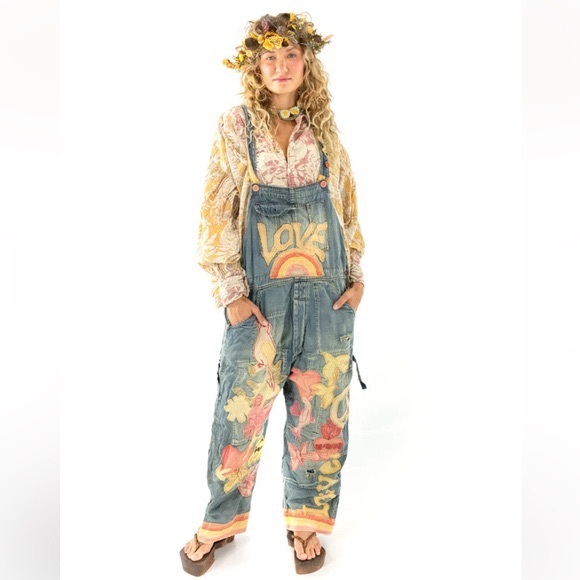 Magnolia Pearl Woodstock Love Appliqué Overalls O/S NWT - Picture 2 of 4